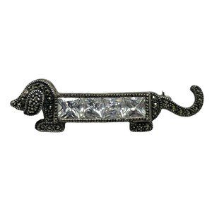 Vintage Judith Jack Dachshund Sterling Silver Brooch Marcasite Crystal Signed JJ